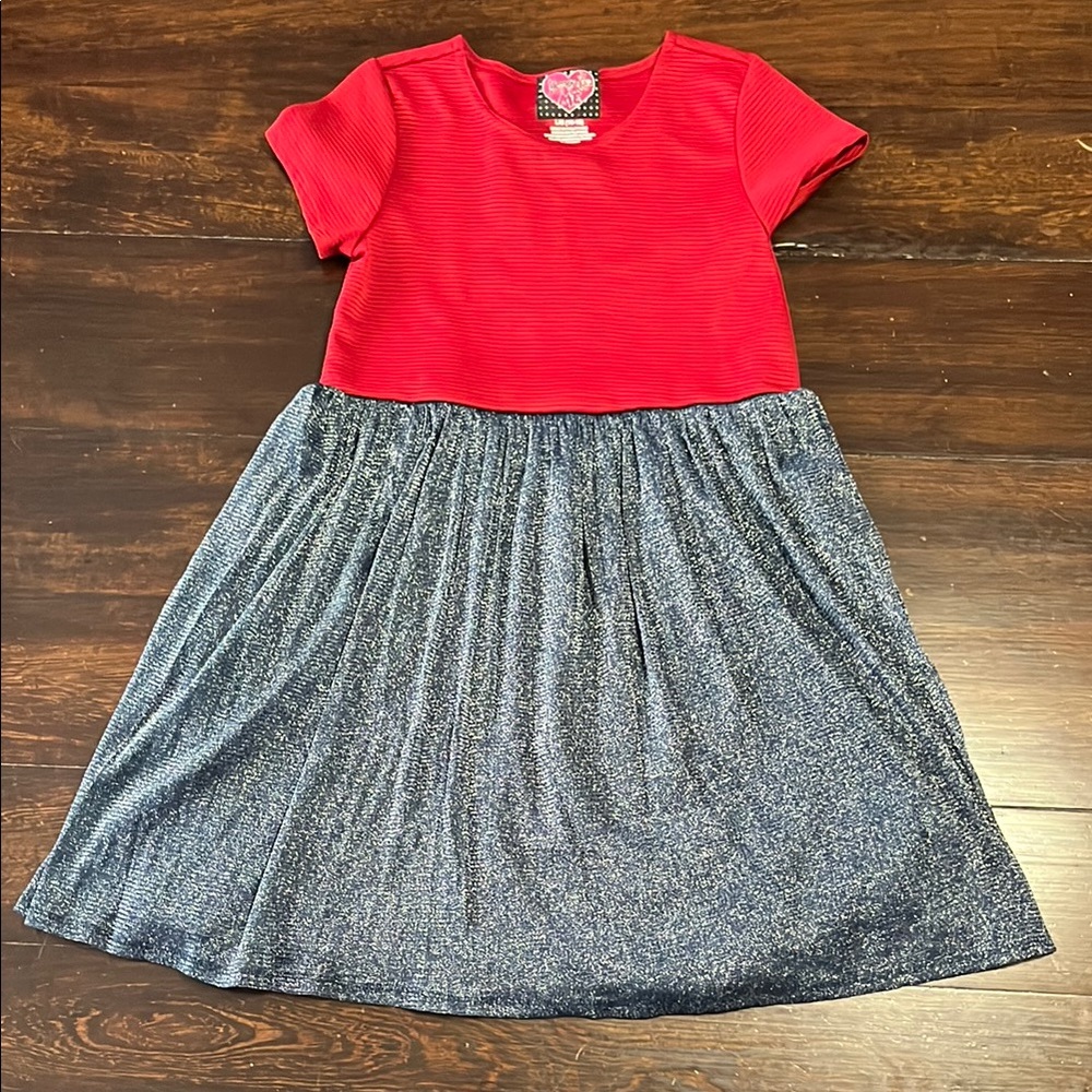 Forever Me red ribbed top and blue sparkly dress
